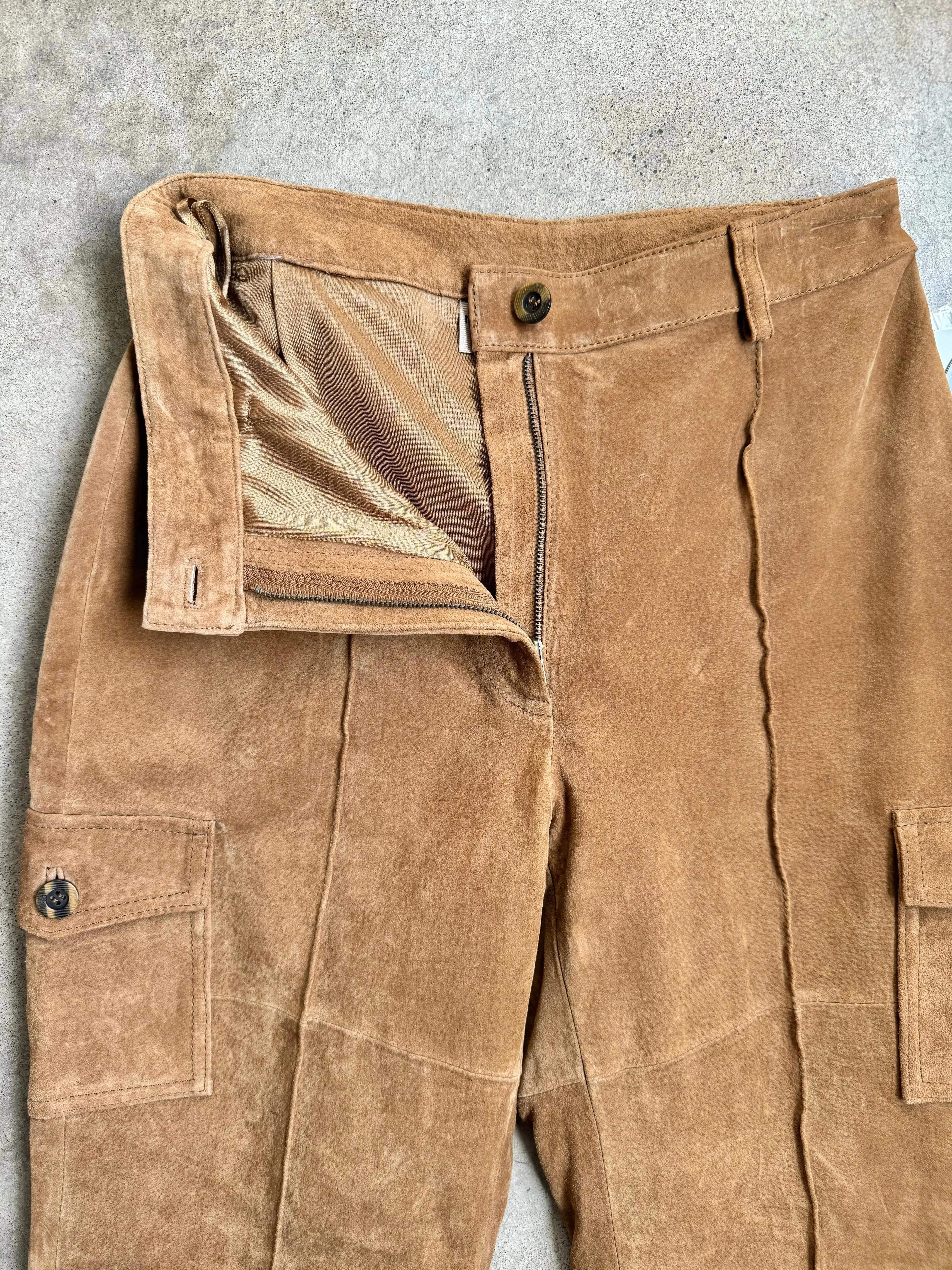 Y2K Massini Tan Suede Leather Cargo Pants (Waist 28”)