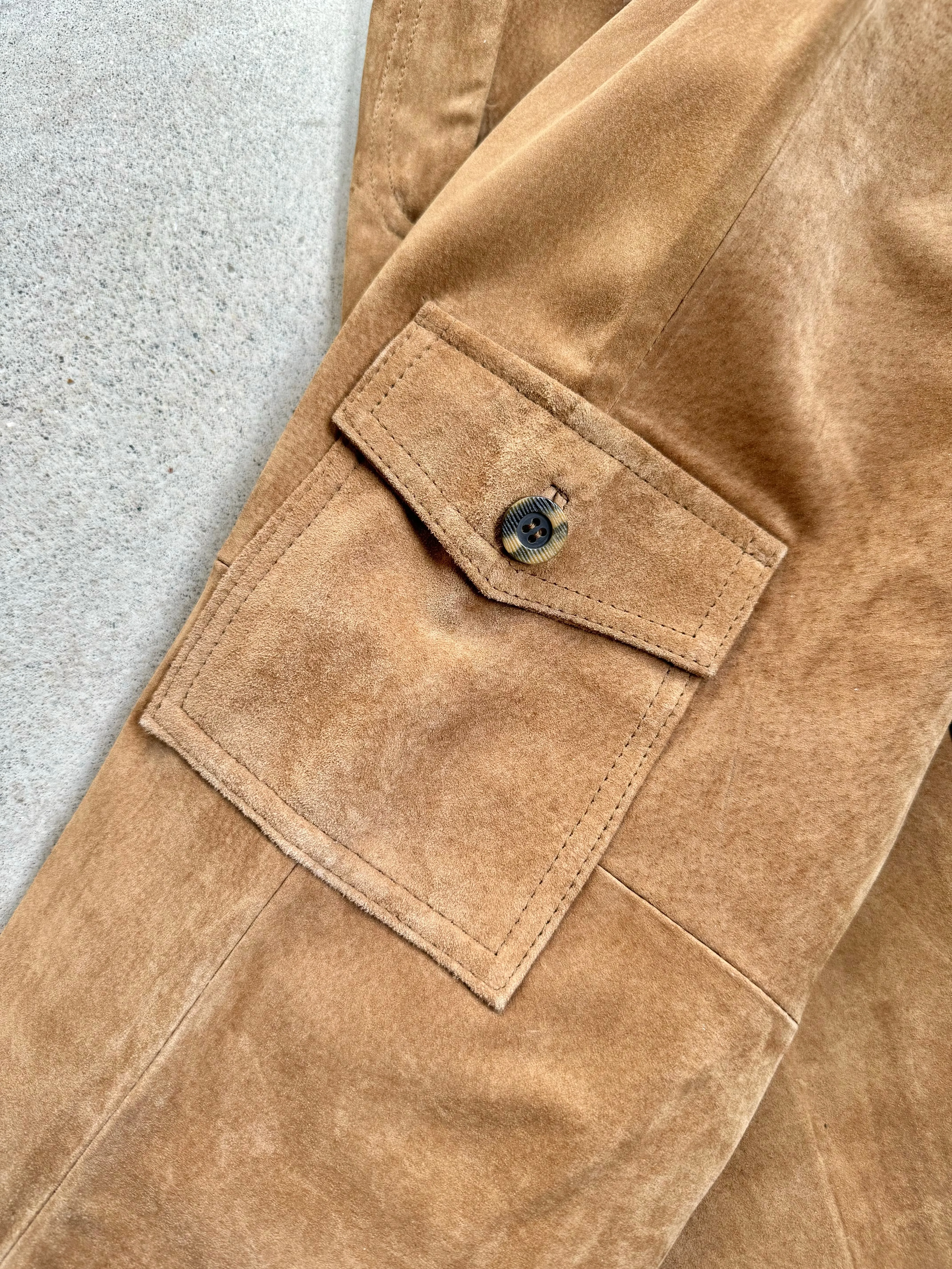 Y2K Massini Tan Suede Leather Cargo Pants (Waist 28”)